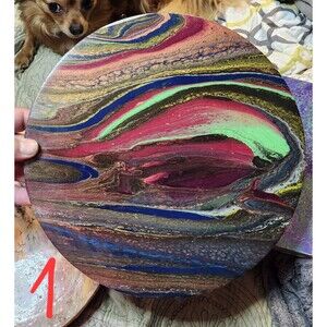 Galactic Veins Abstract Fluid Art Round Canvas Magenta Green Blue 11.75”